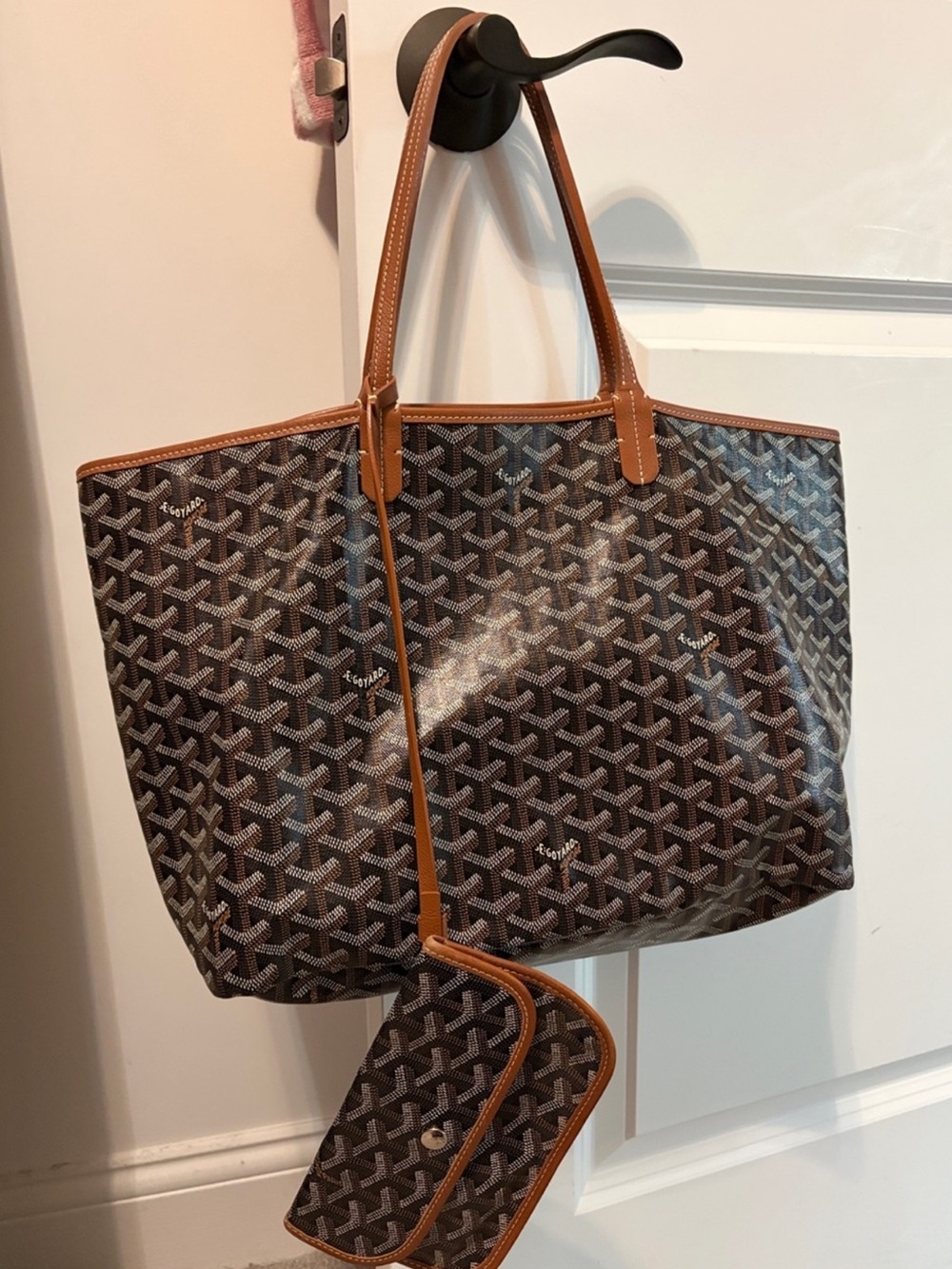 Goyard Brown Patterned Tote with Tan Leather Trim